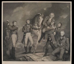 General Abercrombys död i slaget vid Alexandria, Egypten 1801, graverad med nyckel av E. Mitchell, publicerad 1801